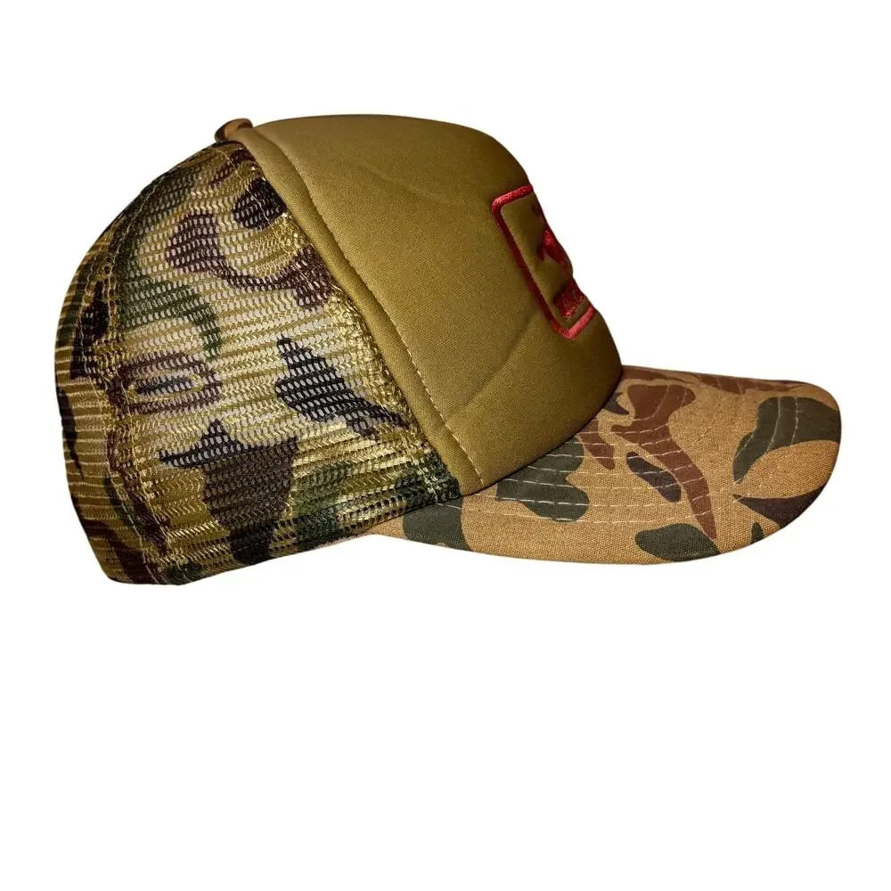 Vtg 80s WINCHESTER Camouflage Trucker Hat Embroidered Green Mesh Snapback Cap
